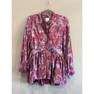 NOBLE 31 Designer 100% Silk Pink Floral Peplum Jacket Top Women’s Small